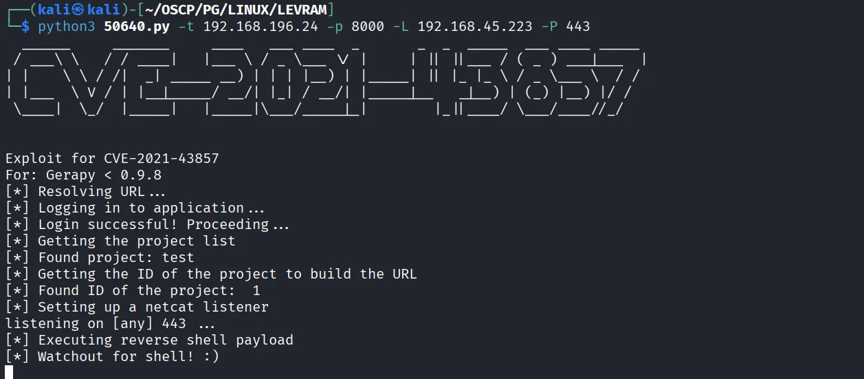Levram walkthrough, Got reverse shell, screenshot 7