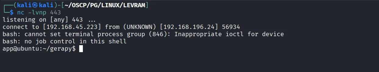 Levram walkthrough, Got reverse shell, screenshot 8