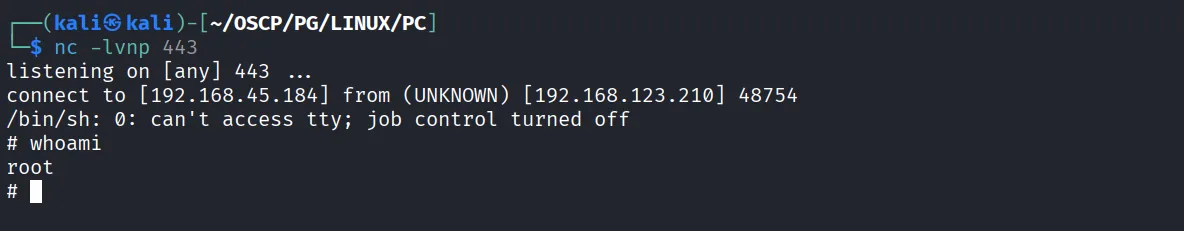 PC walkthrough, Got shell as root, screenshot 7