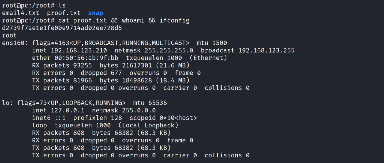 PC walkthrough, Got shell as root, screenshot 8