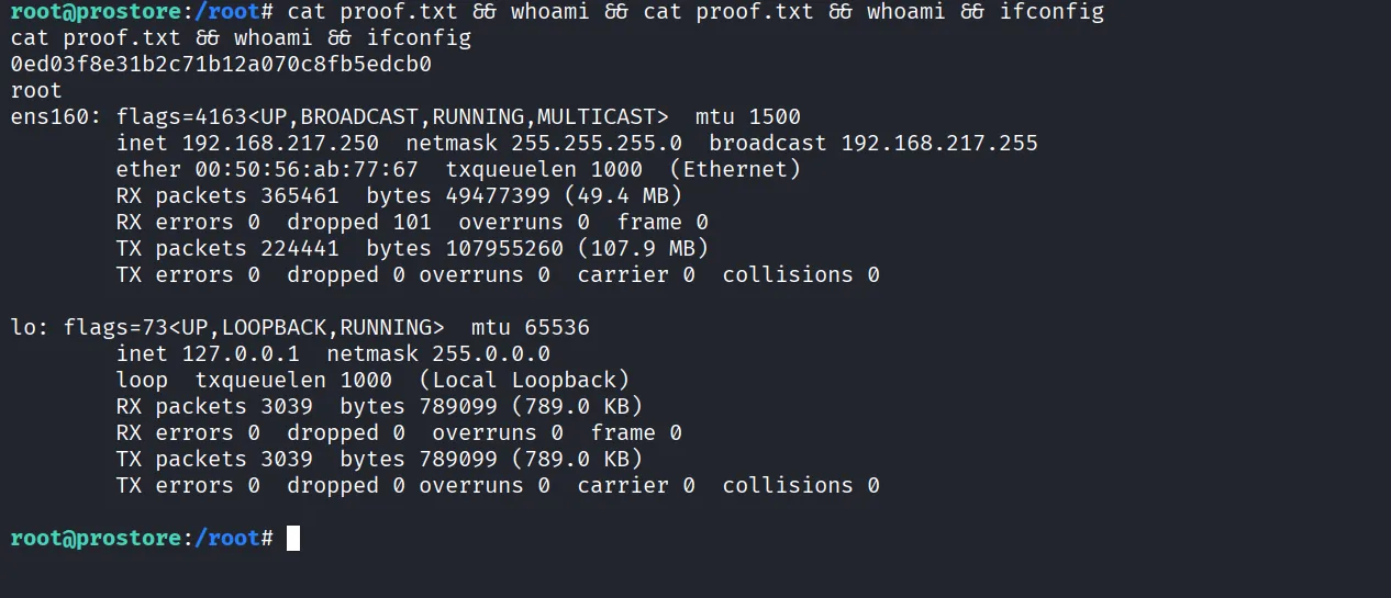 Prostore walkthrough, Got reverse shell as root, screenshot 12