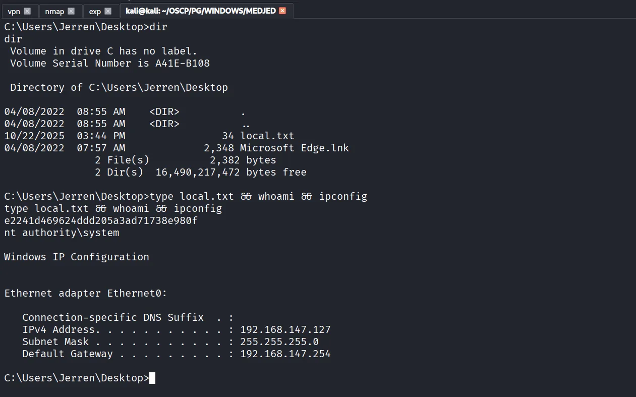Medjed walkthrough, Got reverse shell as NT, screenshot 9