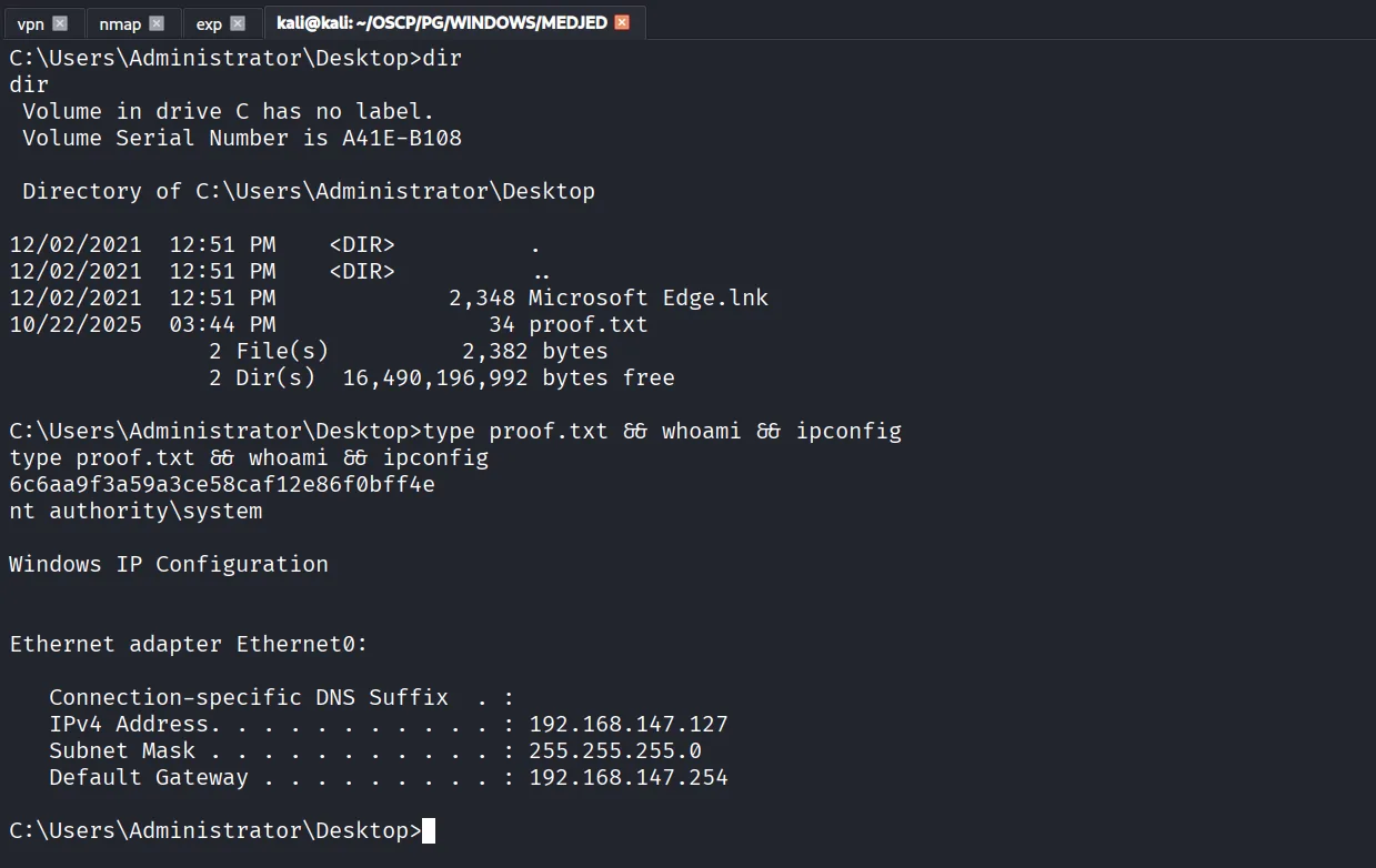 Medjed walkthrough, Got reverse shell as NT, screenshot 10