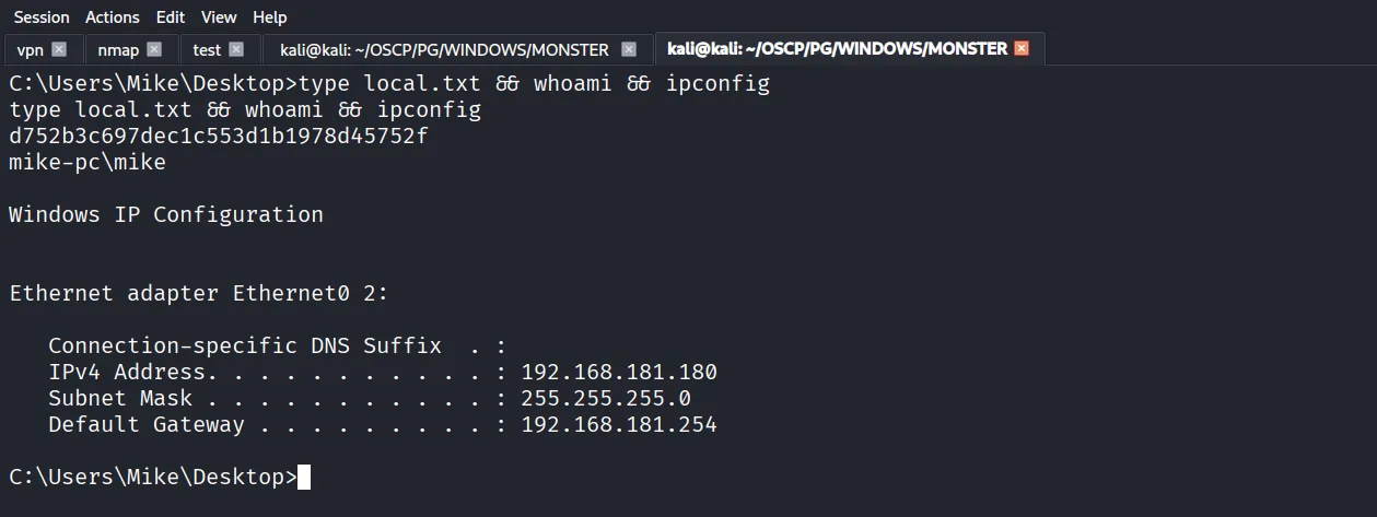 Monster walkthrough, Got shell as administrator, screenshot 10
