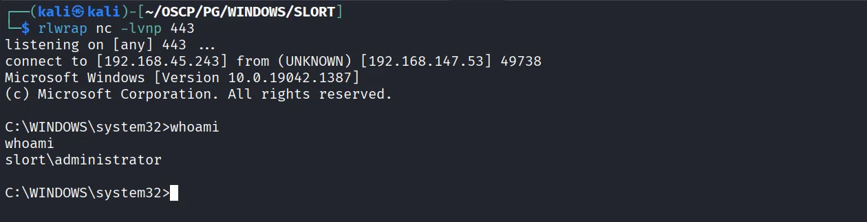 Slort walkthrough, Got reverse shell as administrator, screenshot 15