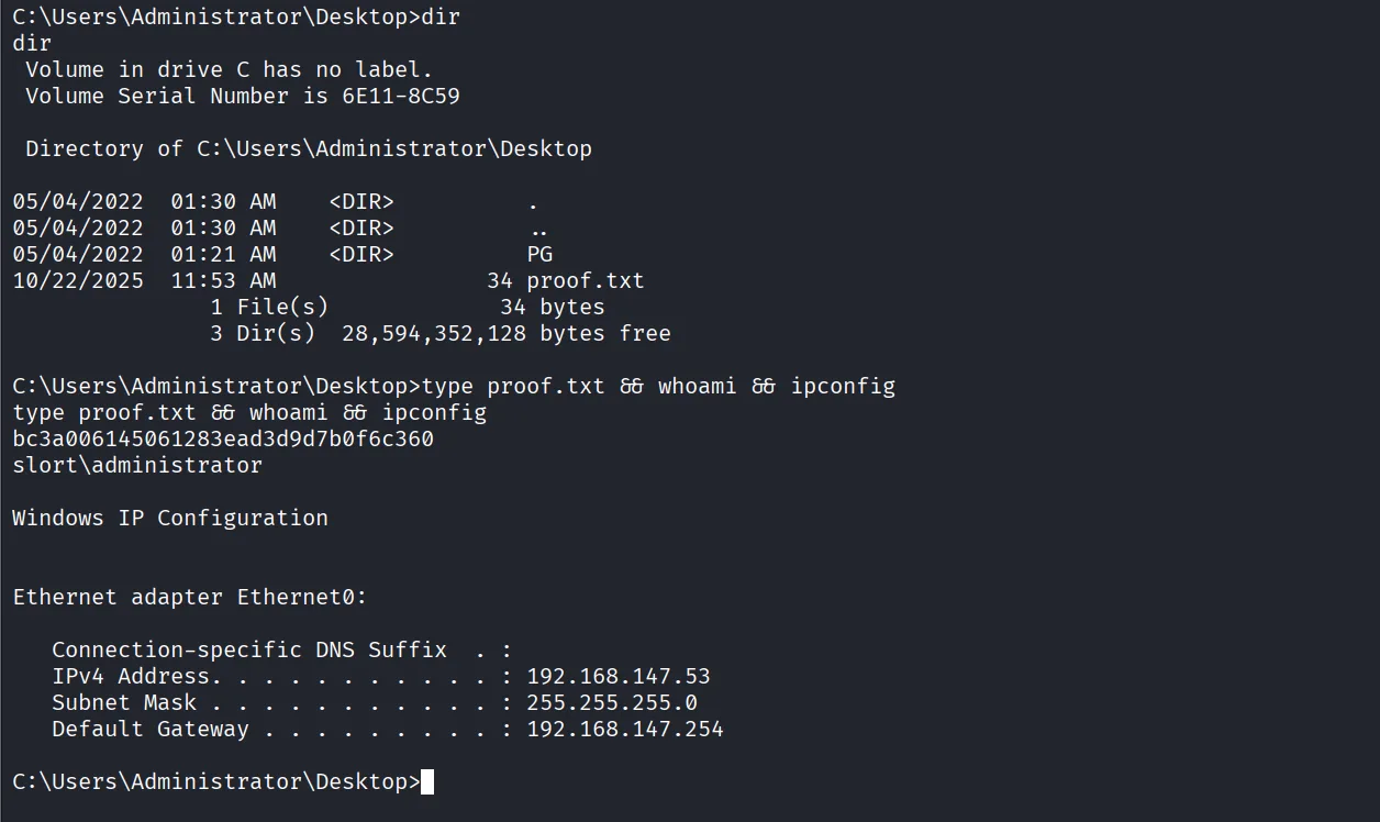 Slort walkthrough, Got reverse shell as administrator, screenshot 16