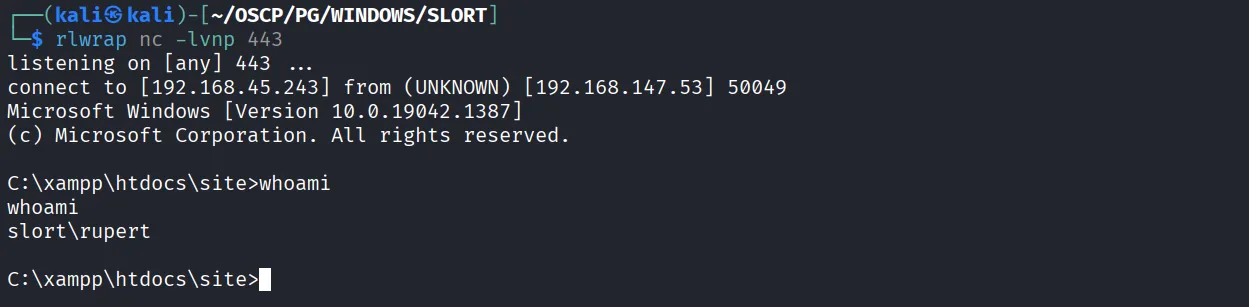 Slort walkthrough, Got reverse shell as administrator, screenshot 9