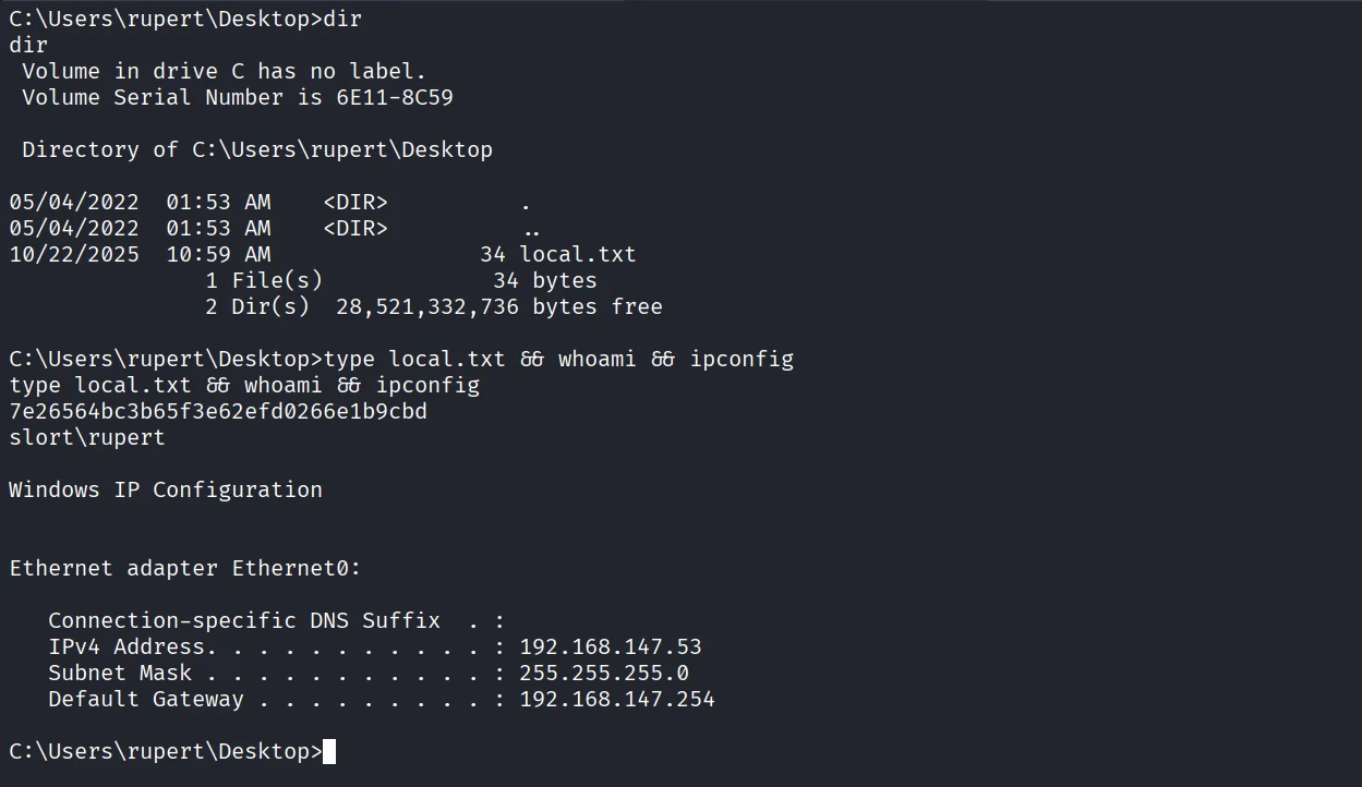 Slort walkthrough, Got reverse shell as administrator, screenshot 10